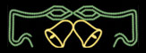 fa025 Campanas con hojas: manguera verde y amarilla sobre marco metálico